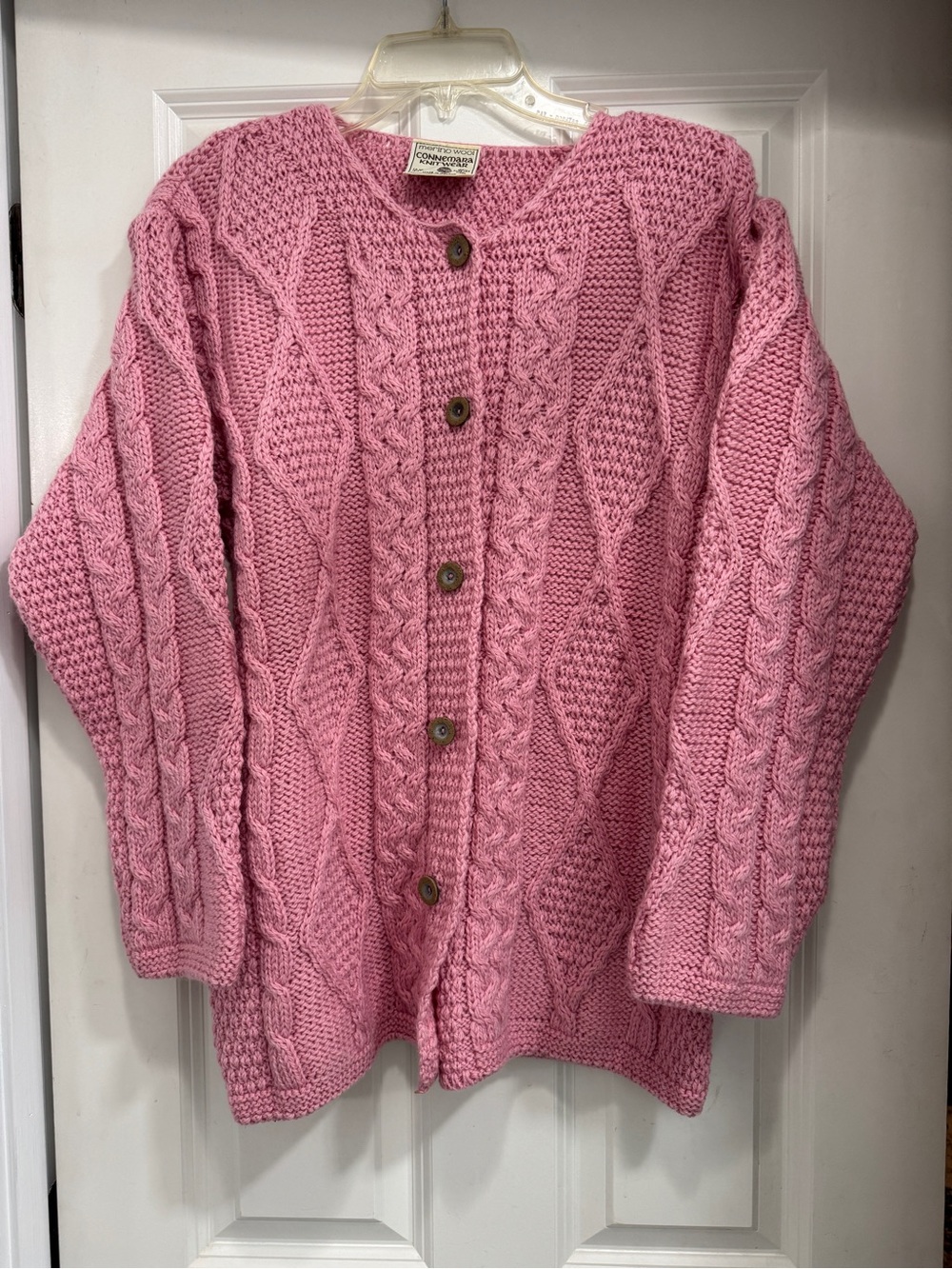 Connemara Knitwear Merino Wool Cozy Pink Cable Knit Button-Front Cardigan; Sz S